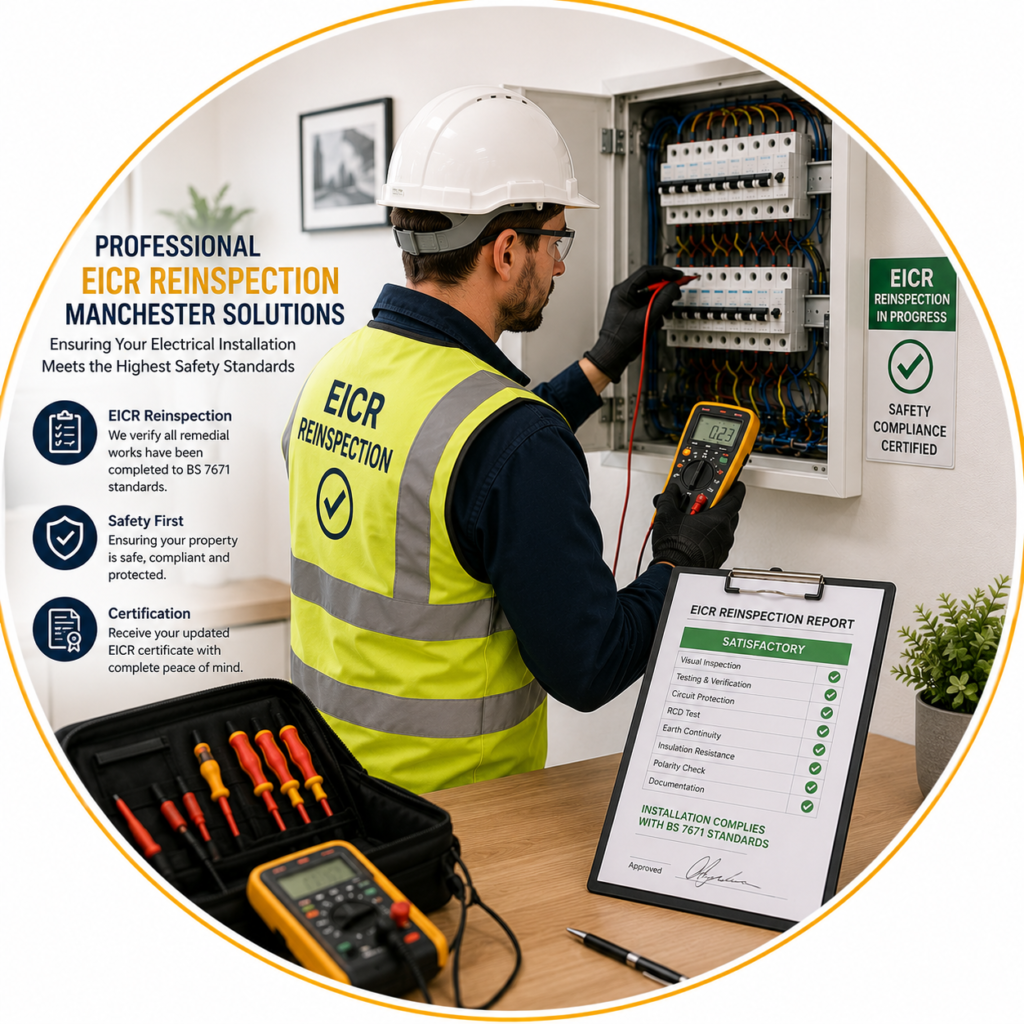 Professional EICR Reinspection Manchester electrician carrying out a reinspection of a consumer unit using specialist testing equipment to verify electrical safety and compliance.