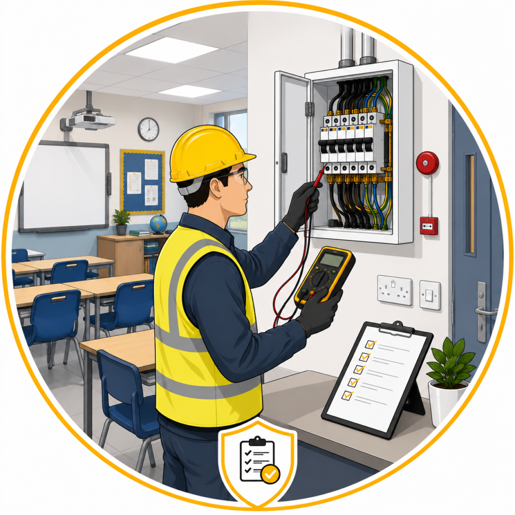 Electrician carrying out a School EICR Manchester inspection to assess electrical safety and BS 7671 compliance