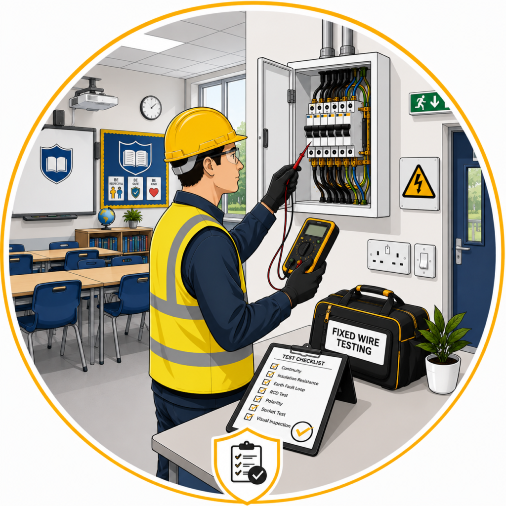School fixed wire testing in Manchester to identify electrical faults and ensure safe operation.