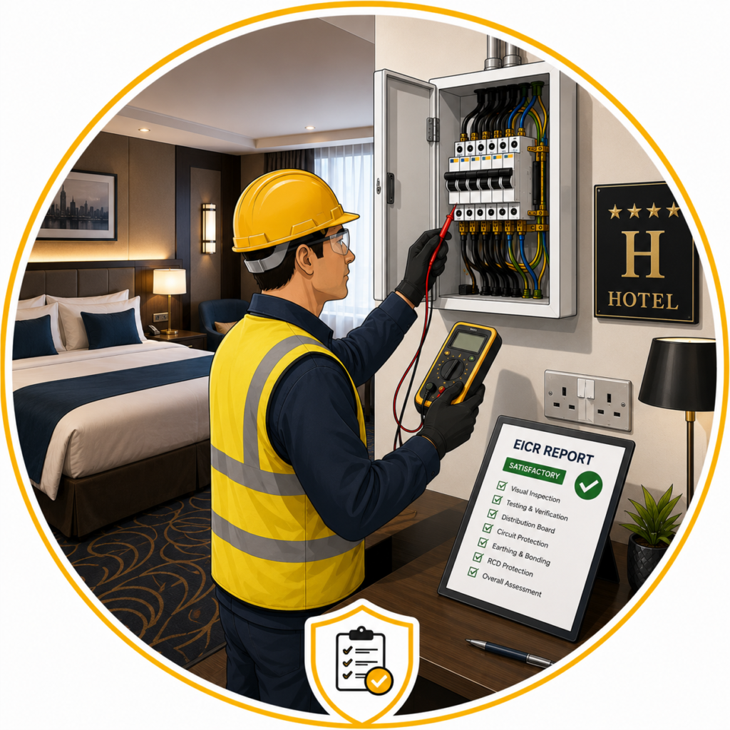 Minimalist vector illustration representing Professional Hotel EICR Manchester, featuring a qualified electrician carrying out a trusted hotel EICR inspection by testing a hotel consumer unit with a digital multifunction tester and reviewing an EICR report. Displayed in a circular gold-bordered design with a modern hotel room, reception-style interior, and certification shield icon. No text, white background, premium clean vector style 
