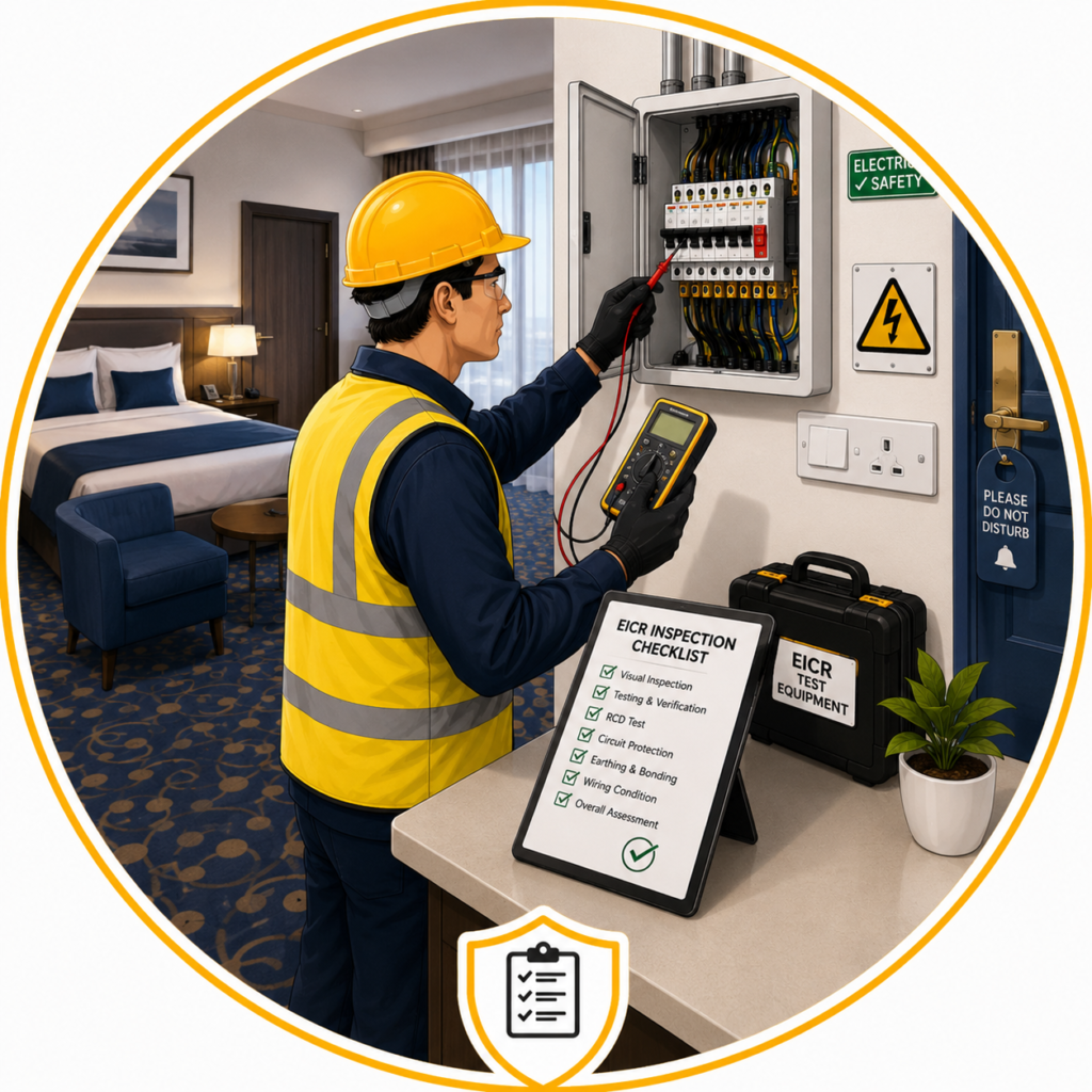 Electrician carrying out a Hotel EICR Manchester inspection to assess electrical safety and BS 7671 compliance.