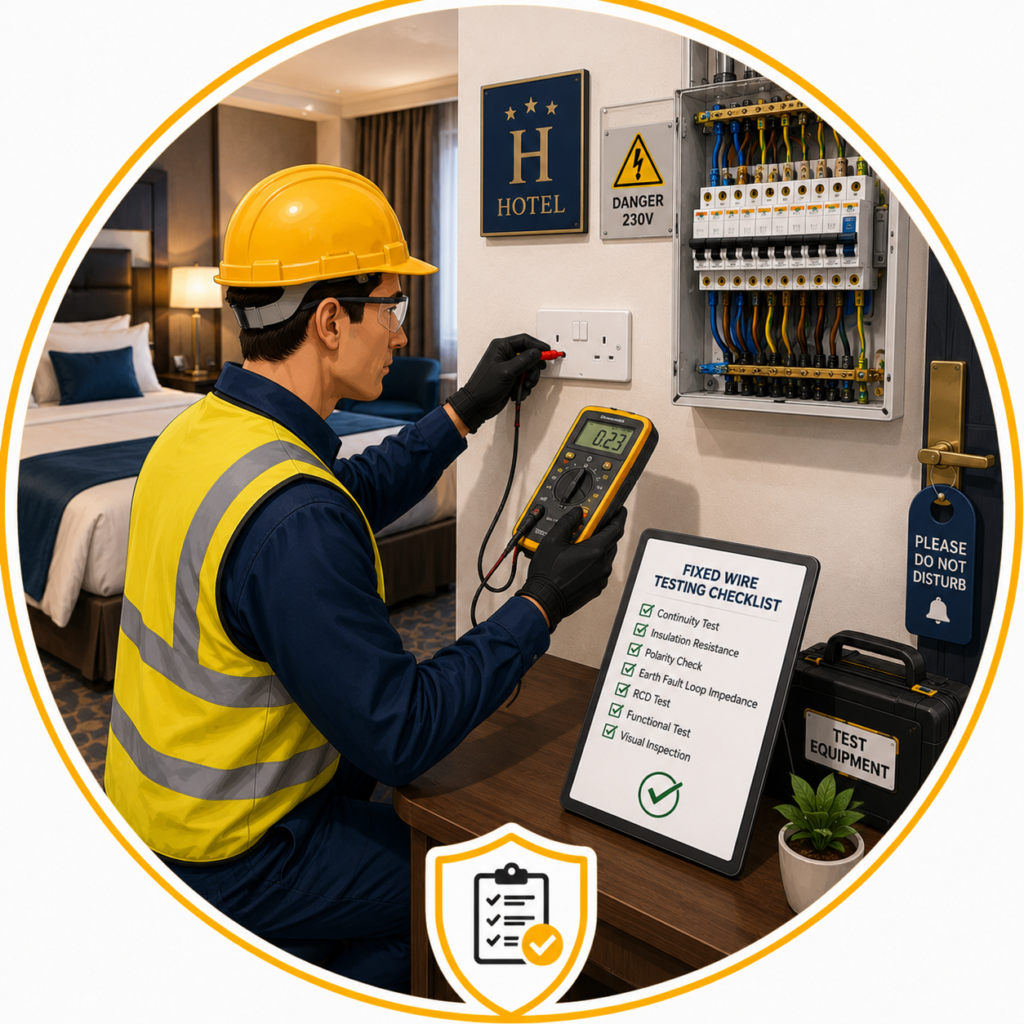 Hotel fixed wire testing in Manchester to identify electrical faults and maintain BS 7671 compliance.