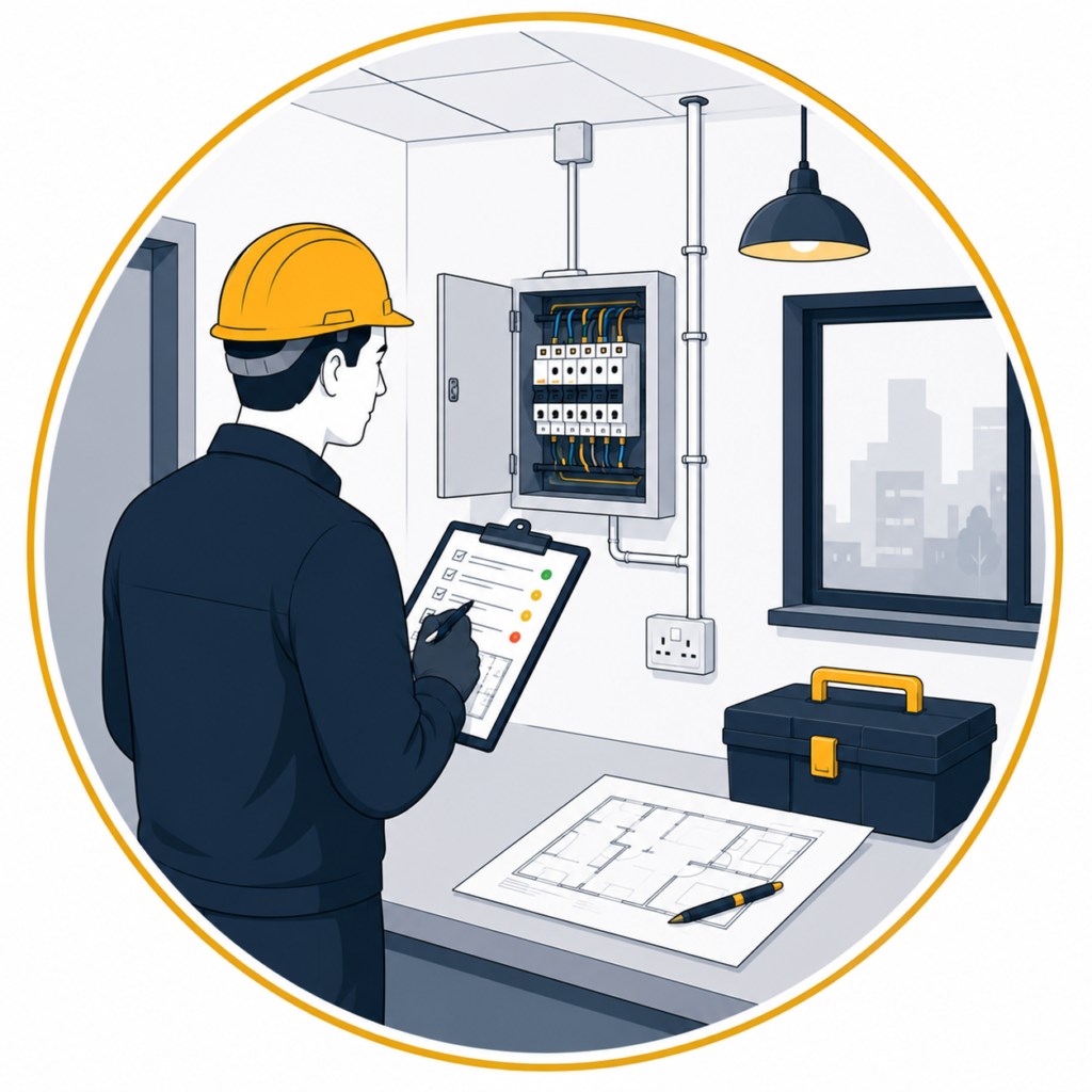 Flat vector illustration of a qualified electrician carrying out an electrical condition assessment using a checklist while inspecting a consumer unit in a commercial property, displayed in a circular gold-bordered design with no text.