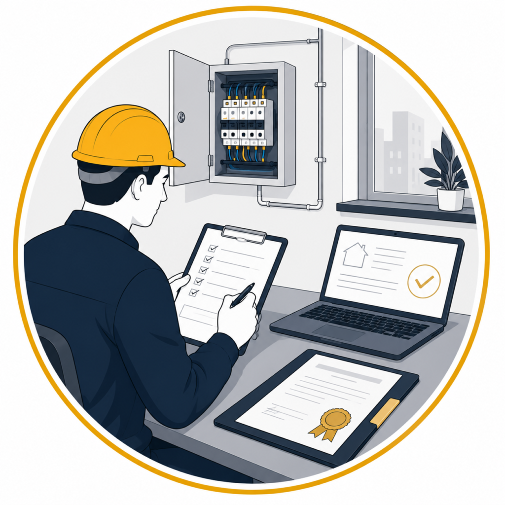 Flat vector illustration of a qualified electrician preparing an electrical inspection report and certification after assessing a consumer unit, featuring a checklist, certificate, and laptop inside a circular gold-bordered design with no text
