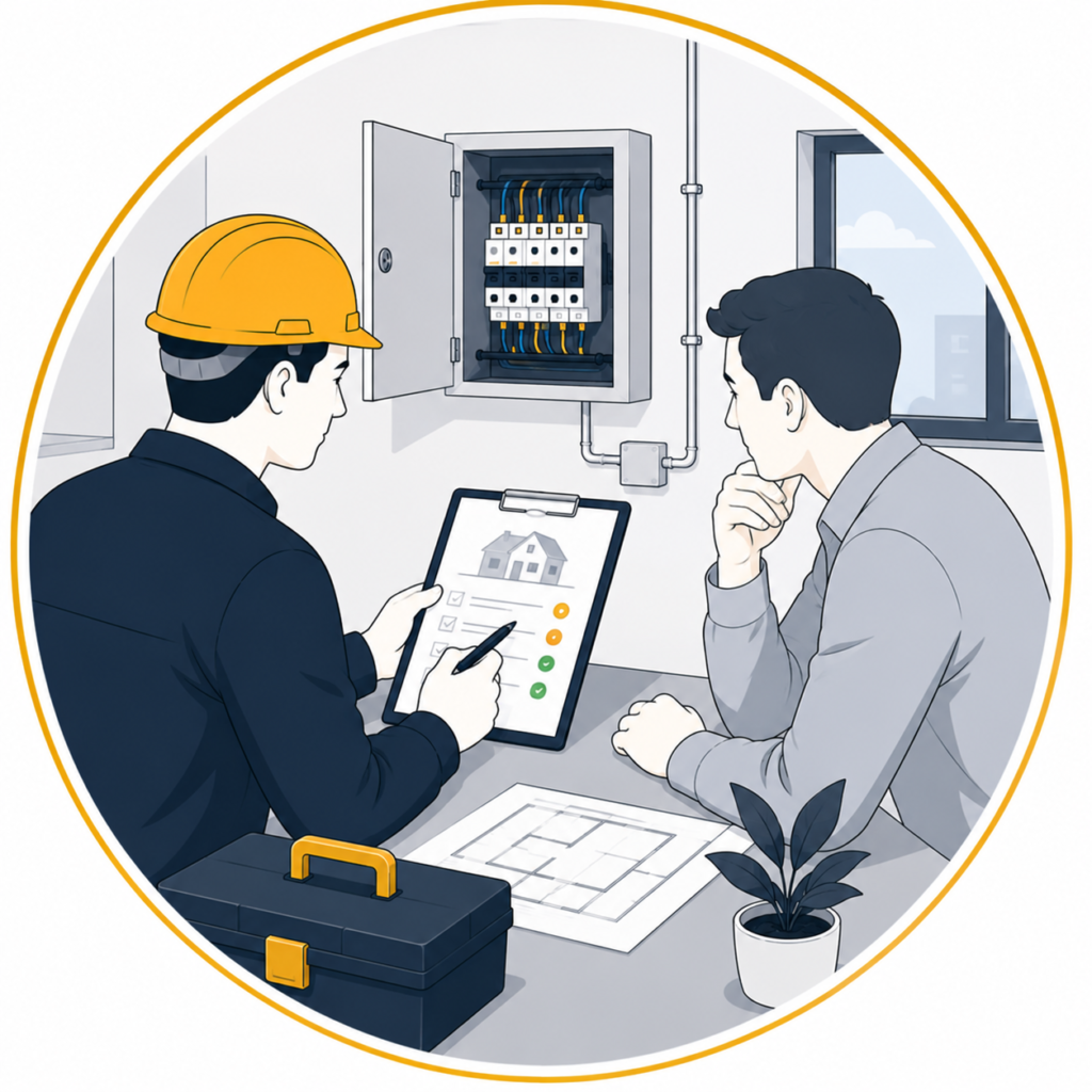Flat vector illustration of a qualified electrician providing remedial advice and electrical support to a customer while reviewing an inspection checklist beside a consumer unit, displayed in a circular gold-bordered design with no text.