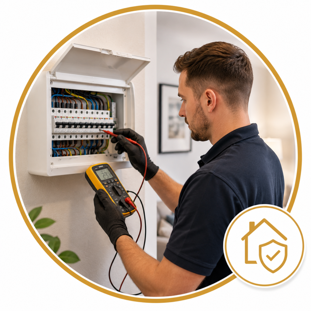 Domestic EICR inspection by a professional electrician testing a home's consumer unit with a digital multifunction tester, wearing protective gloves, with neatly organised electrical wiring and a home safety approval badge inside a modern circular gold-framed design, representing domestic EICR testing and certification services.