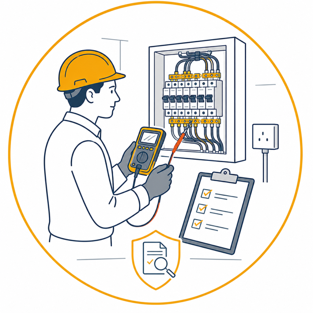 Restaurant EICR inspection of a commercial distribution board using professional electrical testing equipment.