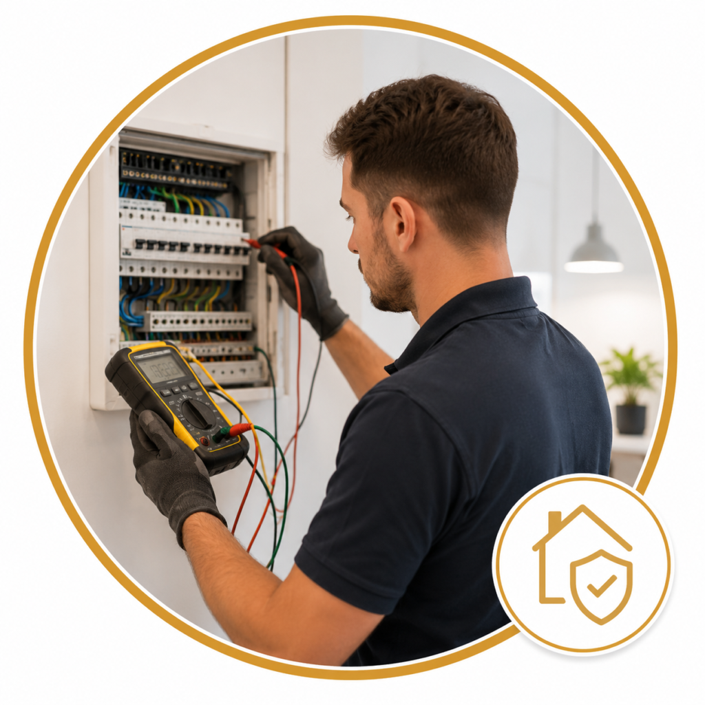 Professional electrician performing fixed wire testing on an open electrical consumer unit using a digital multimeter in a modern property, displayed in a circular gold-framed design with a home safety icon.