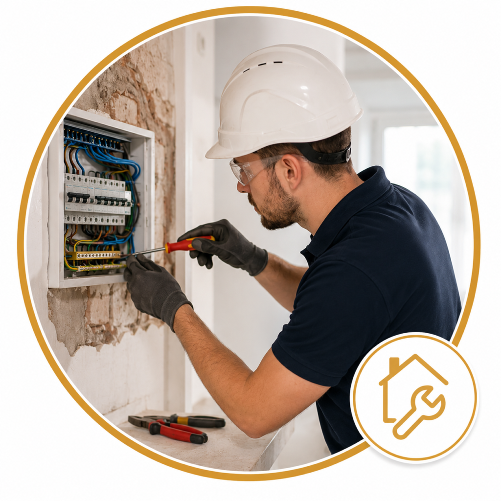 Professional electrician carrying out remedial electrical works by repairing and upgrading a consumer unit with insulated tools, shown in a clean circular gold-framed design with a home repair icon.