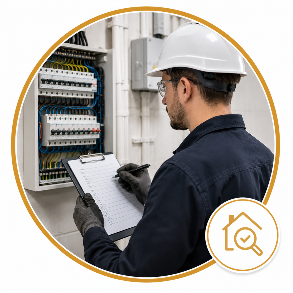 Qualified electrician carrying out a periodic electrical inspection of a consumer unit using a safety checklist in a modern property, presented in a circular gold-framed design with an electrical inspection icon.