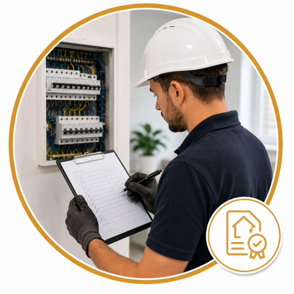 Qualified electrician preparing an EICR report and certification after inspecting a consumer unit, shown in a clean circular gold-framed design with a certification document and approval icon.