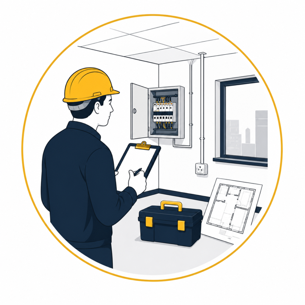 Flat vector illustration of an electrician conducting a free electrical consultation with a clipboard while assessing a consumer unit in a modern property, shown inside a circular gold-bordered design with no text.