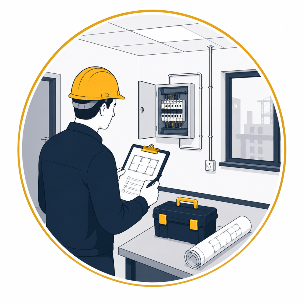 Flat vector illustration of an electrician carrying out a site assessment with a clipboard and building plans while inspecting an electrical consumer unit, displayed in a circular gold-bordered design with no text.D