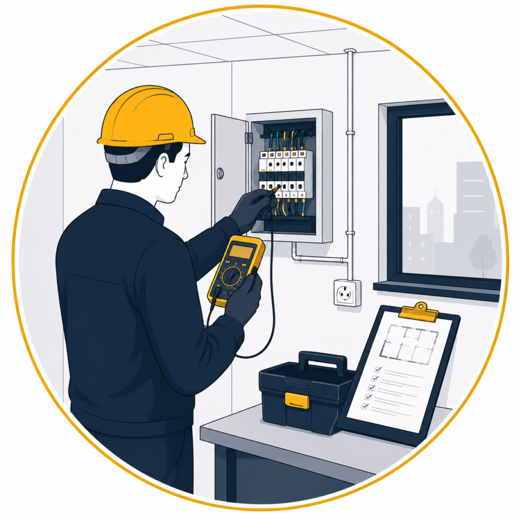 Flat vector illustration of a qualified electrician performing EICR inspection and testing on a consumer unit using a digital multimeter, with an inspection checklist and toolbox inside a circular gold-bordered design with no text.