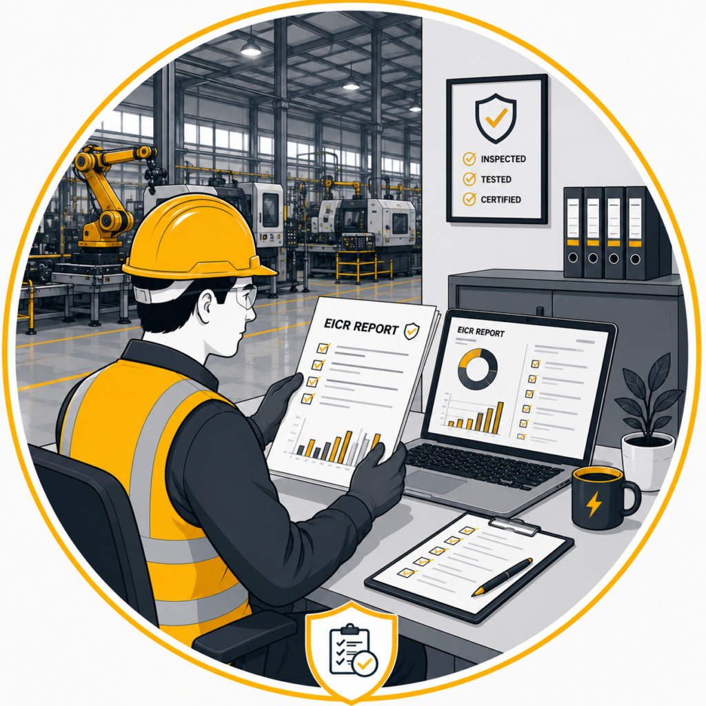 Detailed Factory EICR report with electrical safety findings and compliance recommendations.