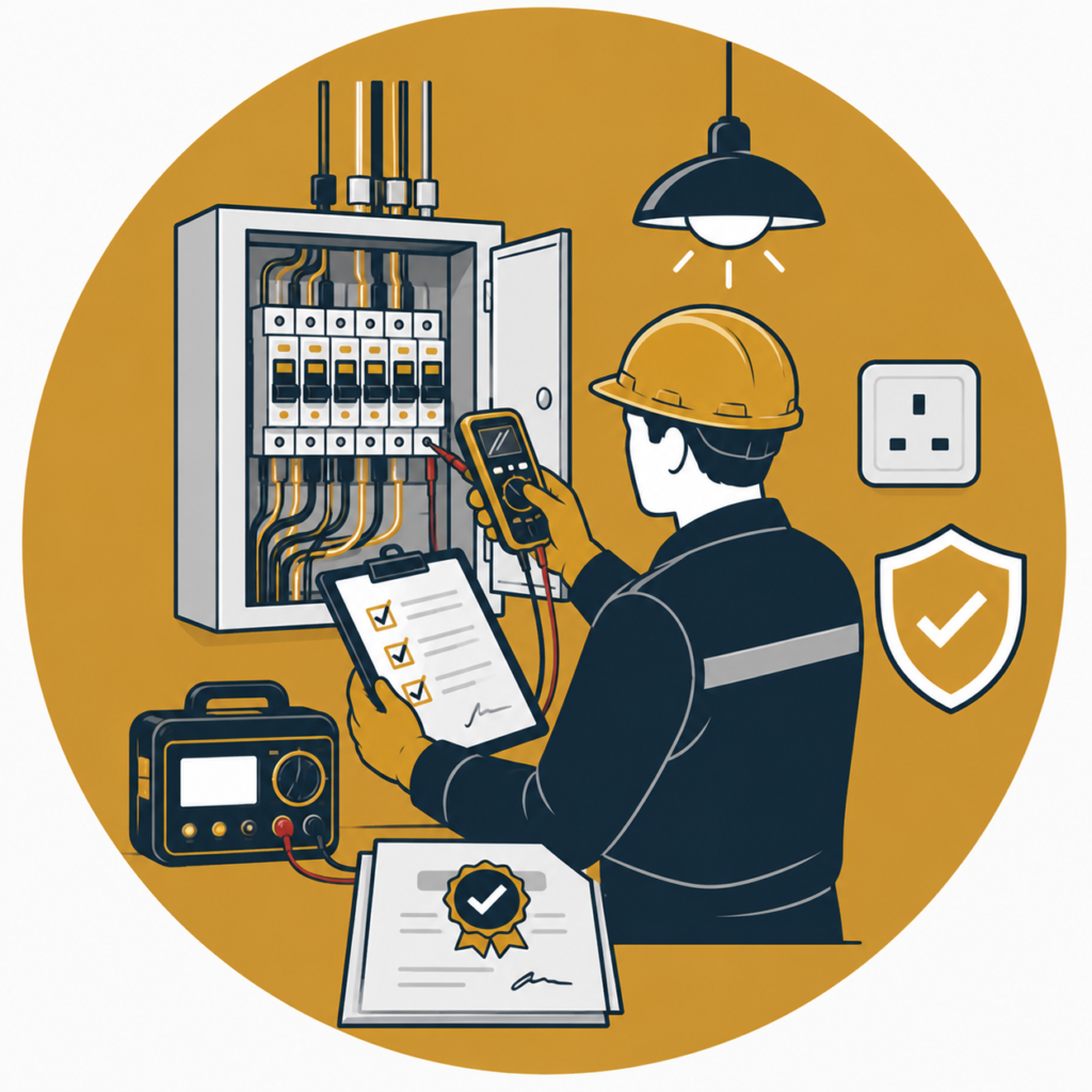 Minimalist flat vector illustration of a professional electrician performing electrical testing and certification on an open consumer unit using a digital multimeter and inspection checklist, with certification document, testing equipment, power socket, safety shield, and industrial lighting on a mustard-gold circular background, representing electrical testing and certification services.