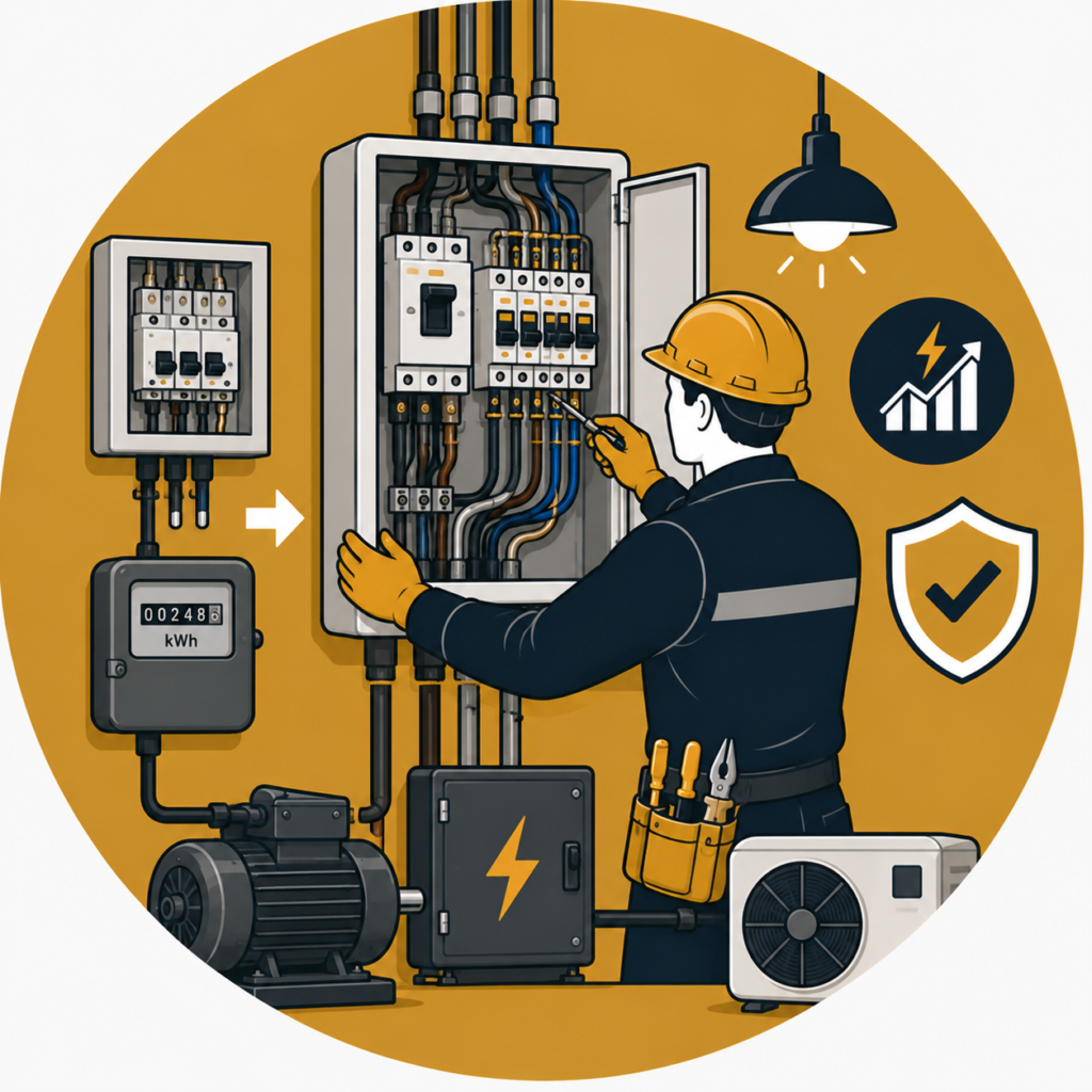 Minimalist flat vector illustration of a professional electrician carrying out an electrical load upgrade by installing a higher-capacity distribution board, with an electricity meter, industrial motor, electrical control panel, power increase icon, safety shield, and overhead lighting on a mustard-gold circular background, representing electrical load upgrade services.
