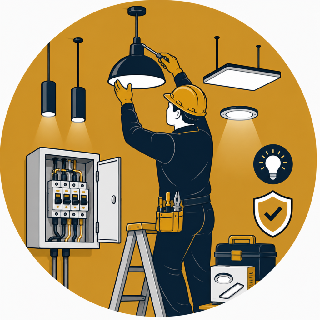 Minimalist flat vector illustration of a professional electrician installing modern lighting fixtures, including pendant, recessed, and LED panel lights, with an open consumer unit, step ladder, toolbox, safety shield, and illuminated light bulb icon on a mustard-gold circular background, representing lighting installation services.
