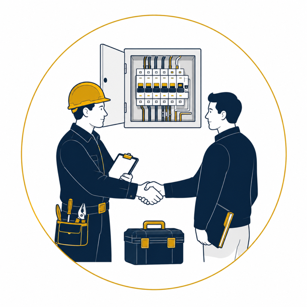 Minimalist flat vector illustration of a professional electrician providing a free electrical consultation to a client, shaking hands beside an open consumer unit with a clipboard, toolbox, and thin gold circular outline on a clean white background, representing a free consultation service