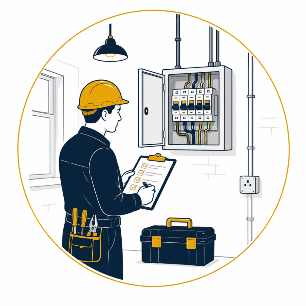 Minimalist flat vector illustration of a professional electrician carrying out a site assessment, inspecting an open consumer unit with a clipboard and checklist, alongside electrical conduit, toolbox, and overhead lighting inside a thin gold circular outline on a clean white background, representing electrical site assessment services.