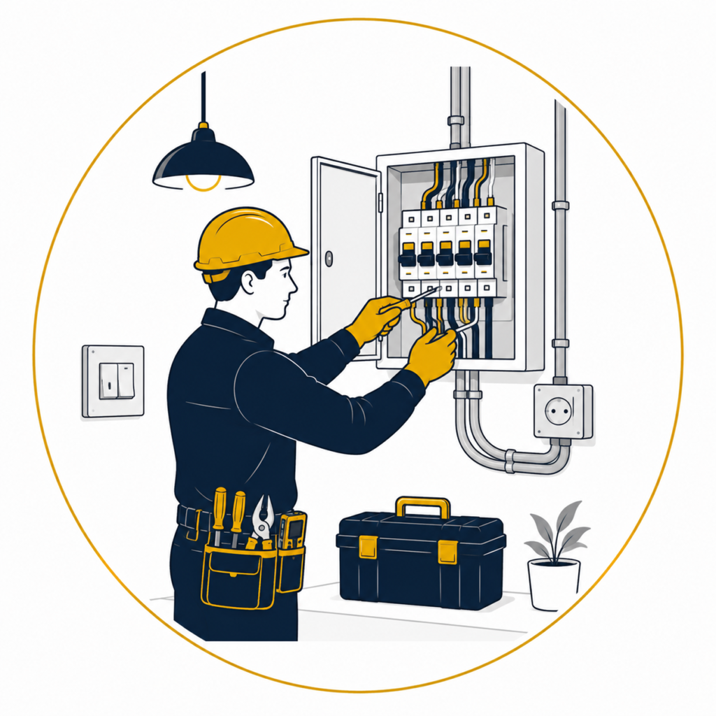 Minimalist flat vector illustration of a professional electrician carrying out high-quality electrical work on an open consumer unit, using professional tools with neatly organised wiring, electrical conduit, power socket, toolbox, and overhead lighting inside a thin gold circular outline on a clean white background, representing professional electrical work services.
