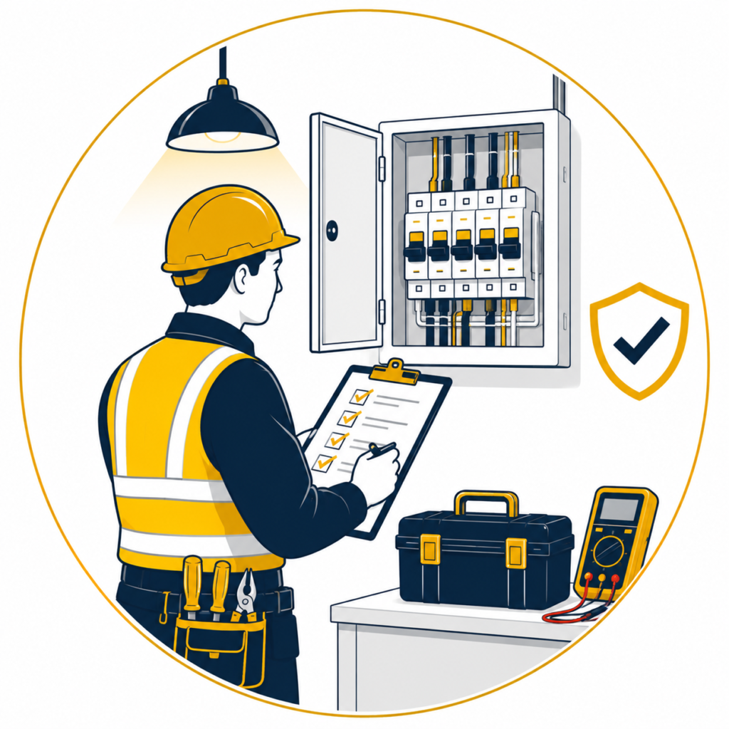Minimalist flat vector illustration of a professional electrician carrying out a quality inspection of an open consumer unit using a detailed inspection checklist, with a digital multimeter, toolbox, safety approval shield, and neatly organised electrical wiring inside a thin gold circular outline on a clean white background, representing quality electrical inspection services.
