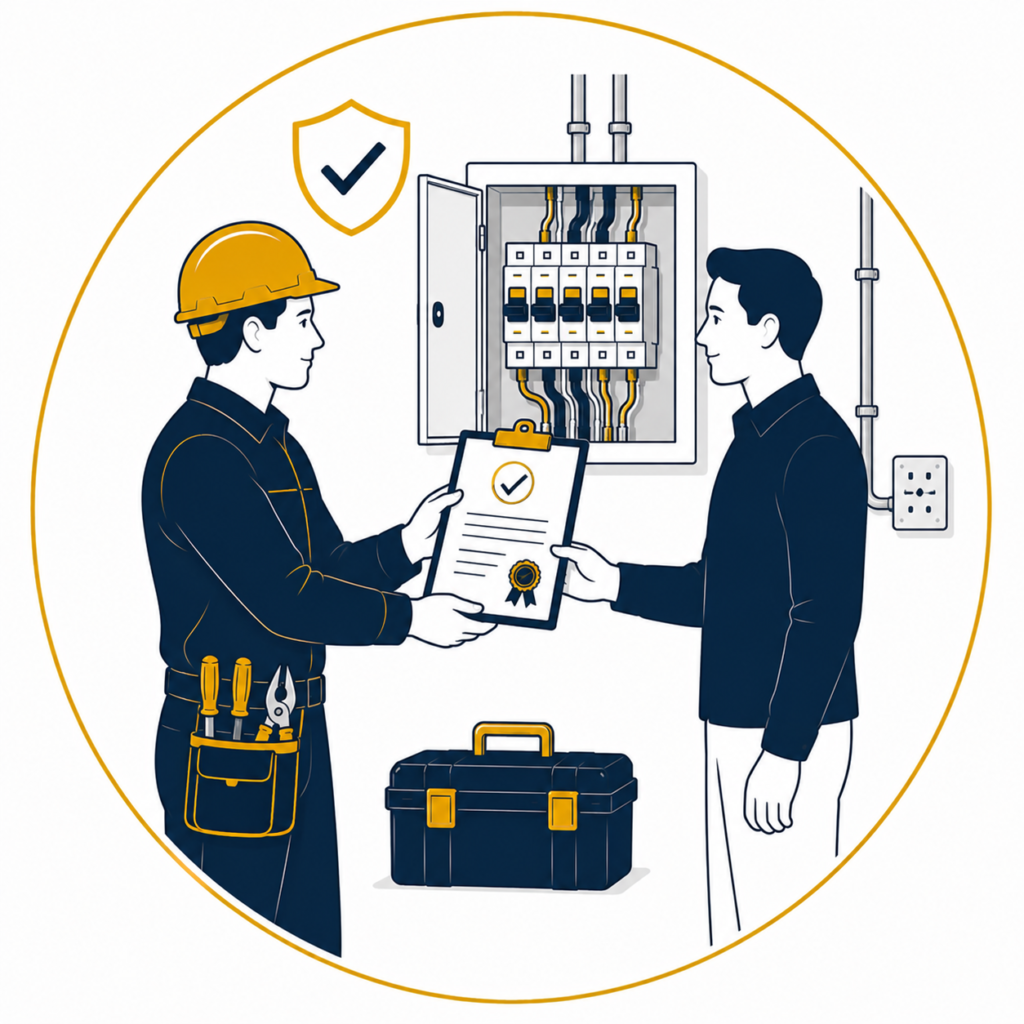 Minimalist flat vector illustration of a professional electrician handing over an electrical installation certificate to a client beside an open consumer unit, with a certified document, toolbox, safety approval shield, and neatly organised electrical wiring inside a thin gold circular outline on a clean white background, representing certification and handover services.