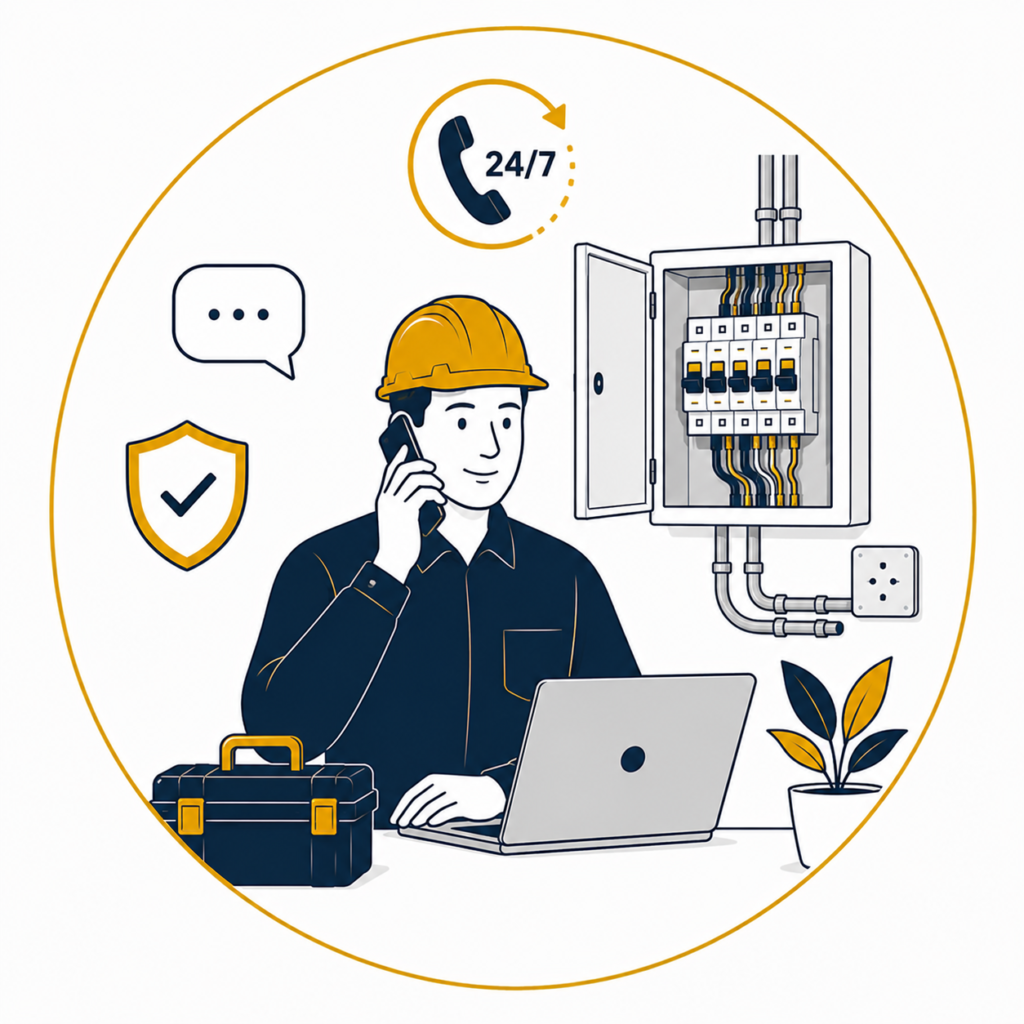 Minimalist flat vector illustration of a professional electrician providing ongoing electrical support, assisting a customer by phone beside a laptop and an open consumer unit, with a toolbox, safety shield, communication icon, and neatly organised electrical wiring inside a thin gold circular outline on a clean white background, representing ongoing electrical support services.