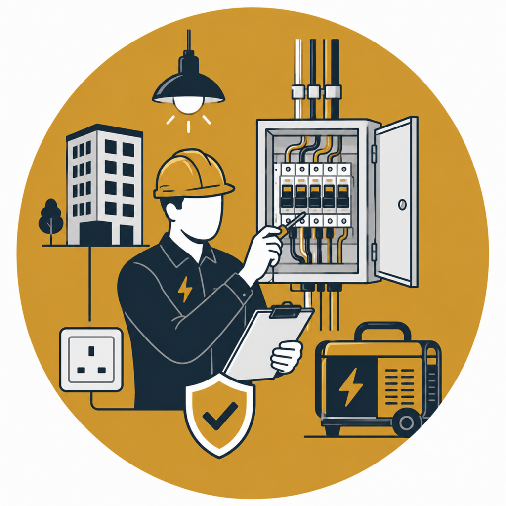 Minimalist flat vector illustration of a professional commercial electrician inspecting an electrical distribution board with a clipboard, commercial building, portable generator, power socket, industrial lighting, and safety shield on a mustard-gold circular background, representing commercial electrical services.