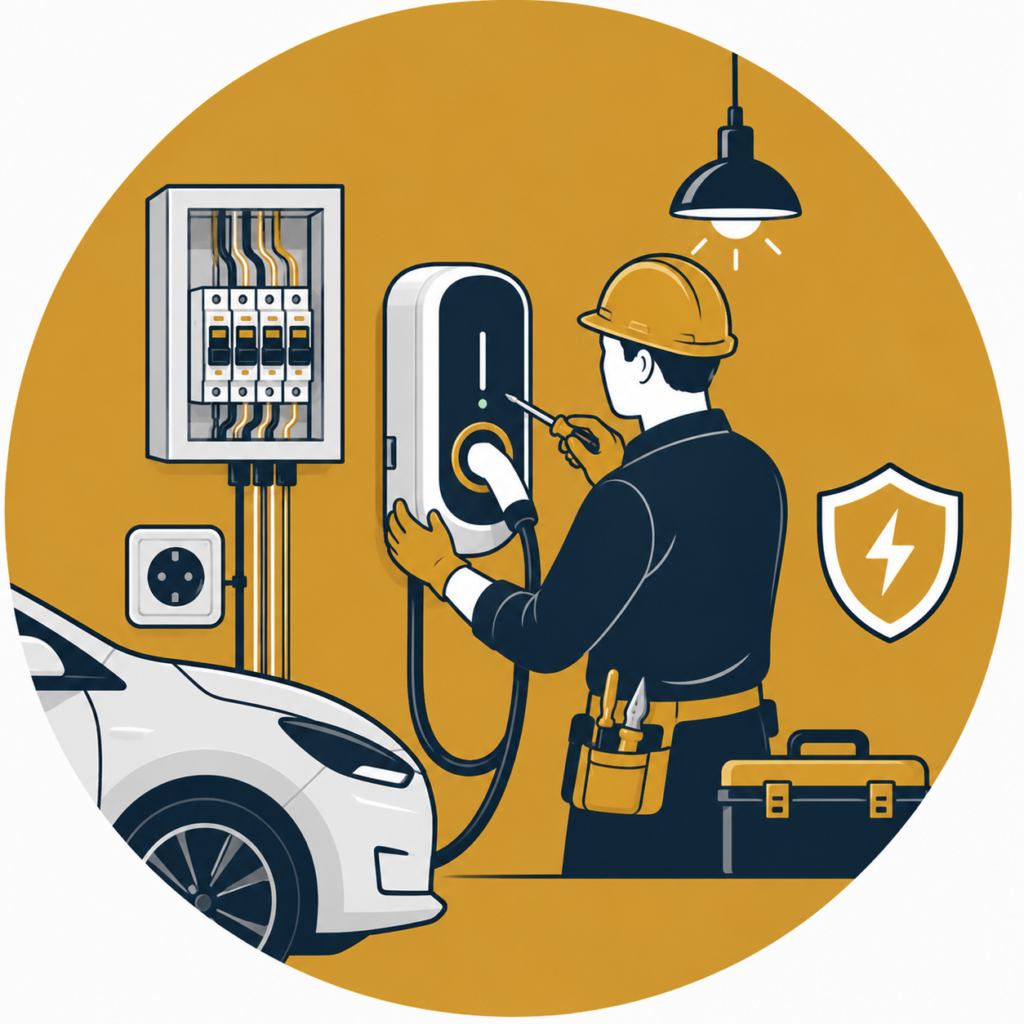 Minimalist flat vector illustration of a professional electrician installing a wall-mounted EV charger beside an electric vehicle, with an open consumer unit, charging cable, toolbox, safety shield, and overhead lighting on a mustard-gold circular background, representing EV charger installation services.