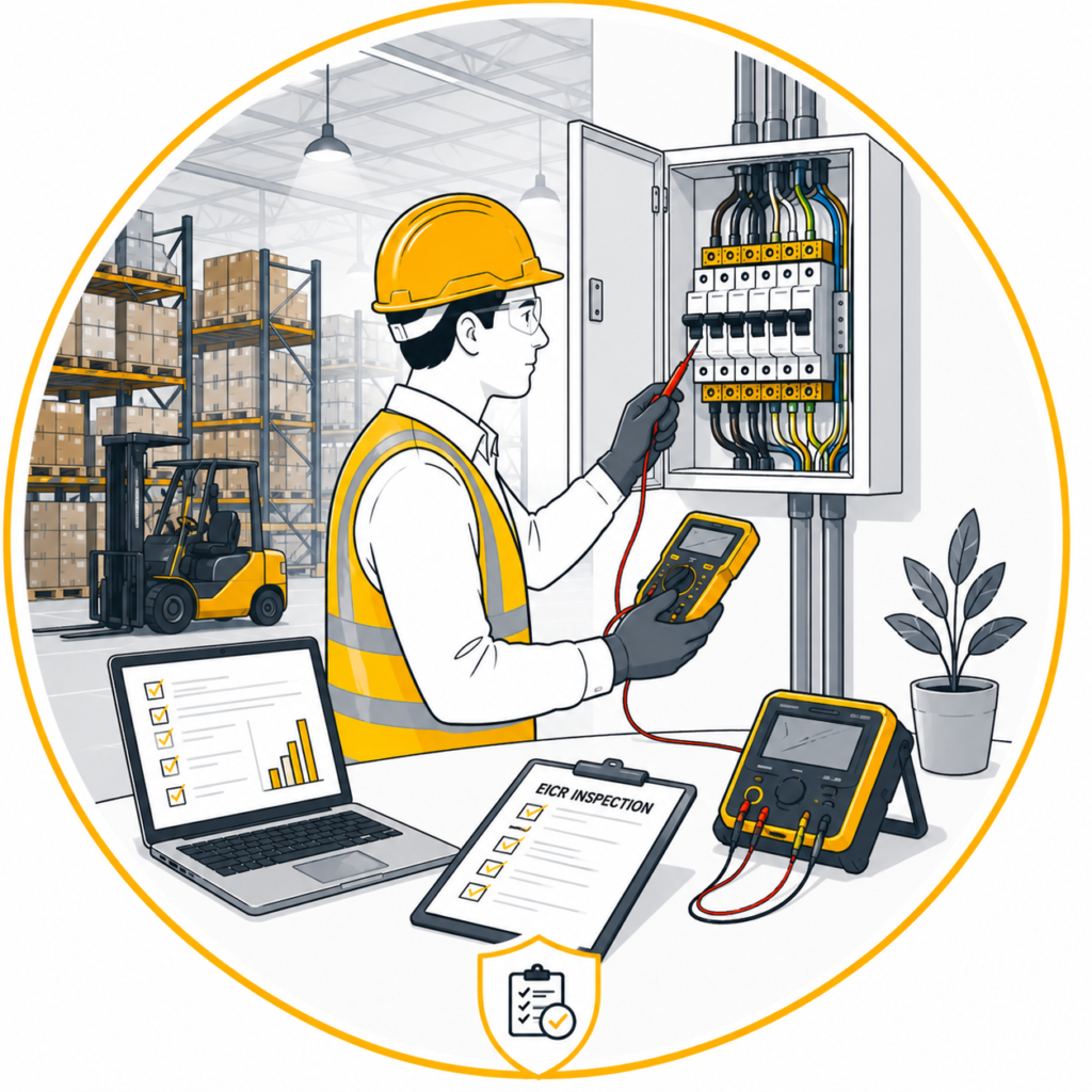 Qualified electrician carrying out a Warehouse EICR inspection in Manchester.