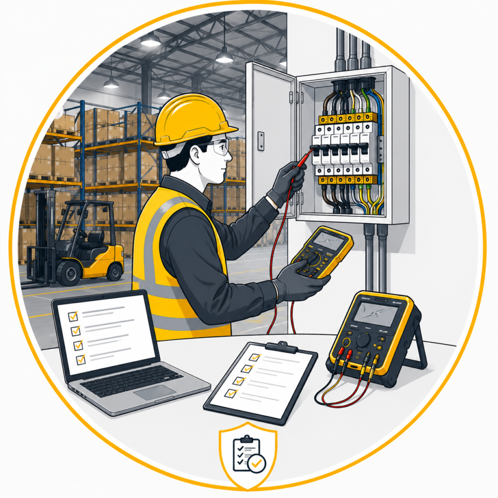 Warehouse fixed wire testing to identify electrical faults and ensure BS 7671 compliance.