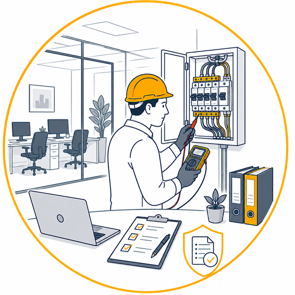 Minimalist vector illustration of a qualified electrician carrying out an office EICR inspection by testing a commercial consumer unit with a digital multimeter in a modern office environment, displayed in a circular gold-bordered design with an EICR report and certification shield icon and no text.