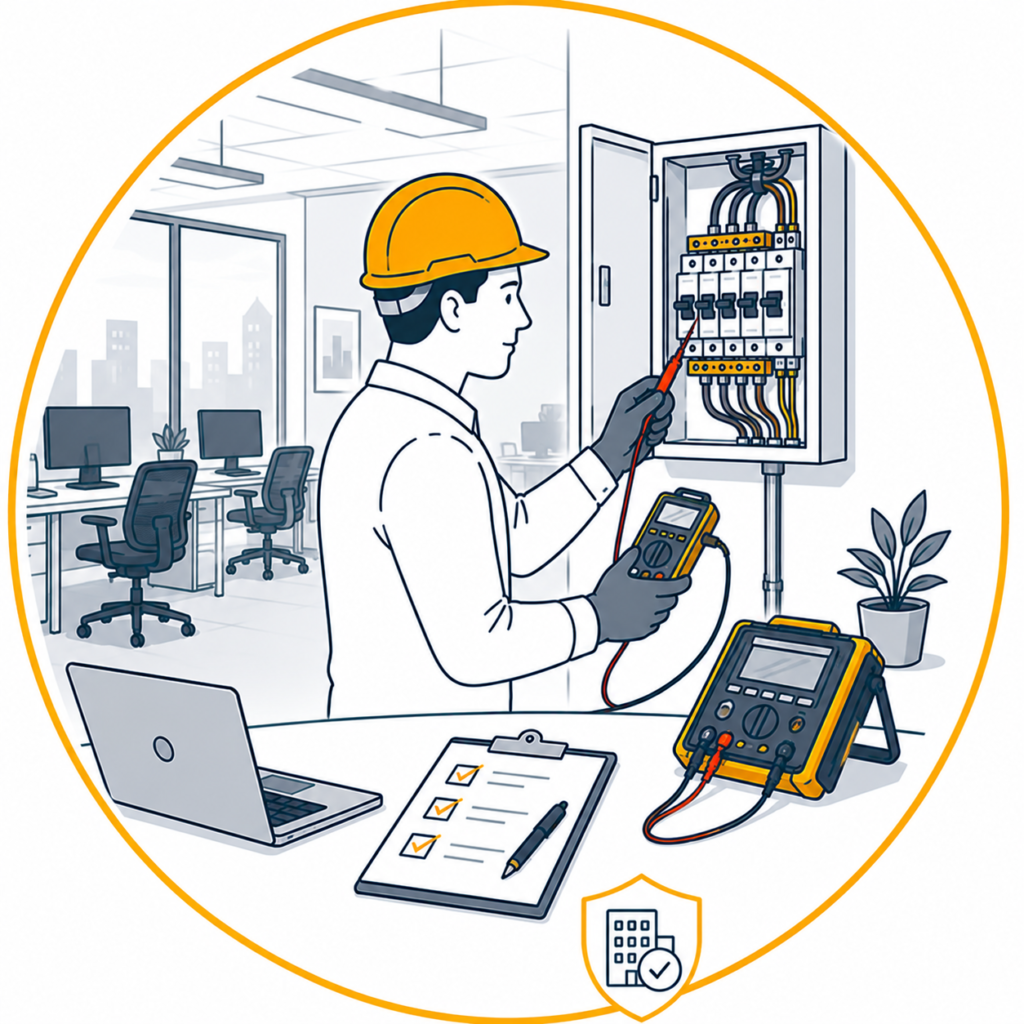 Minimalist vector illustration of a qualified electrician carrying out office fixed wire testing by inspecting a commercial consumer unit with a multifunction electrical tester in a modern office, displayed in a circular gold-bordered design with a commercial electrical testing icon and no text.