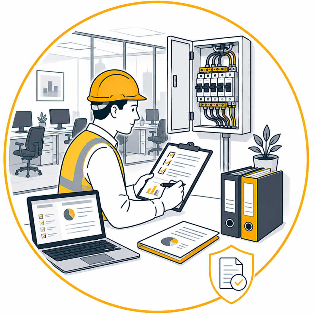 Minimalist vector illustration of a qualified electrician preparing Office EICR reports after inspecting a commercial consumer unit, reviewing test results on a laptop and checklist, displayed in a circular gold-bordered design with an electrical report and certification shield icon and no text.
