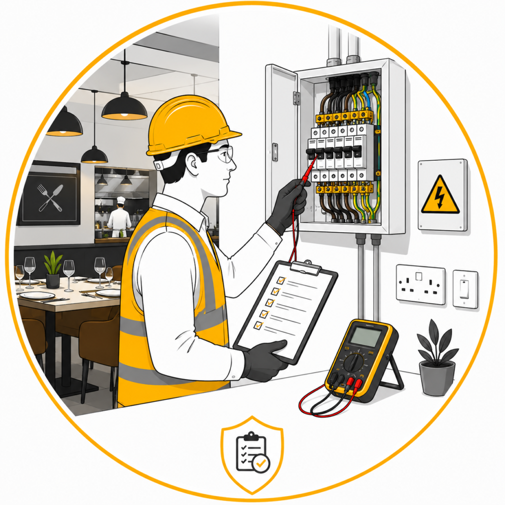 Electrician carrying out a Restaurant EICR inspection on a commercial restaurant electrical installation in Manchester.