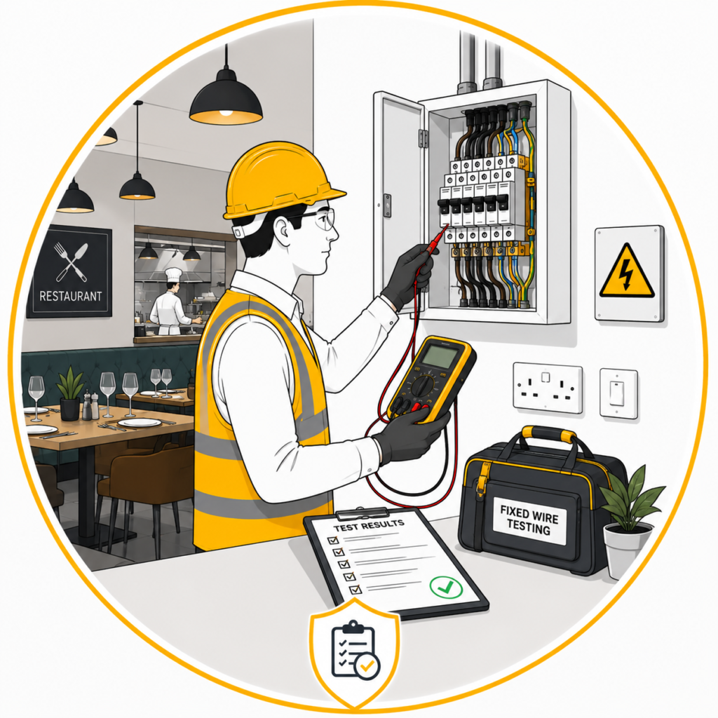 Restaurant fixed wire testing of electrical circuits and distribution board for BS 7671 compliance.