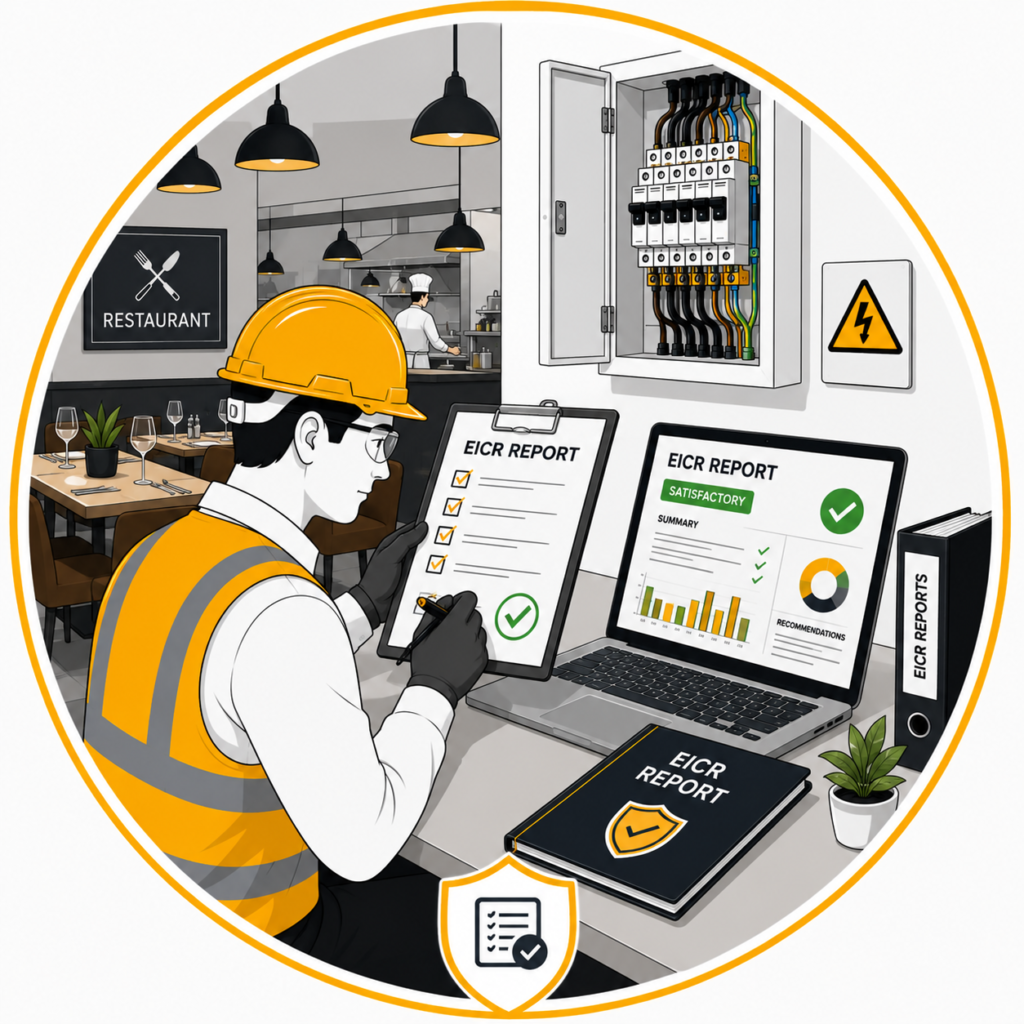 Restaurant EICR report with detailed inspection findings, compliance recommendations, and electrical certification.