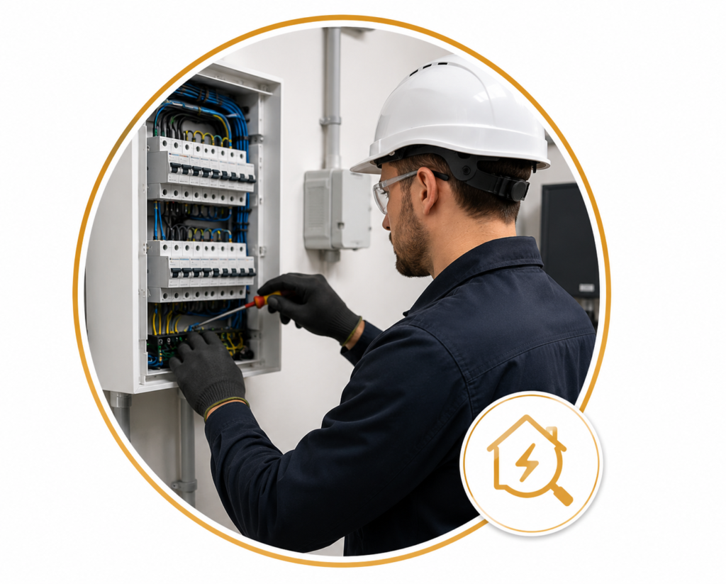 Professional electrician carrying out C1 and C2 electrical fault repairs on an open consumer unit using insulated tools, presented in a circular gold-bordered design with a home electrical safety icon and no text.