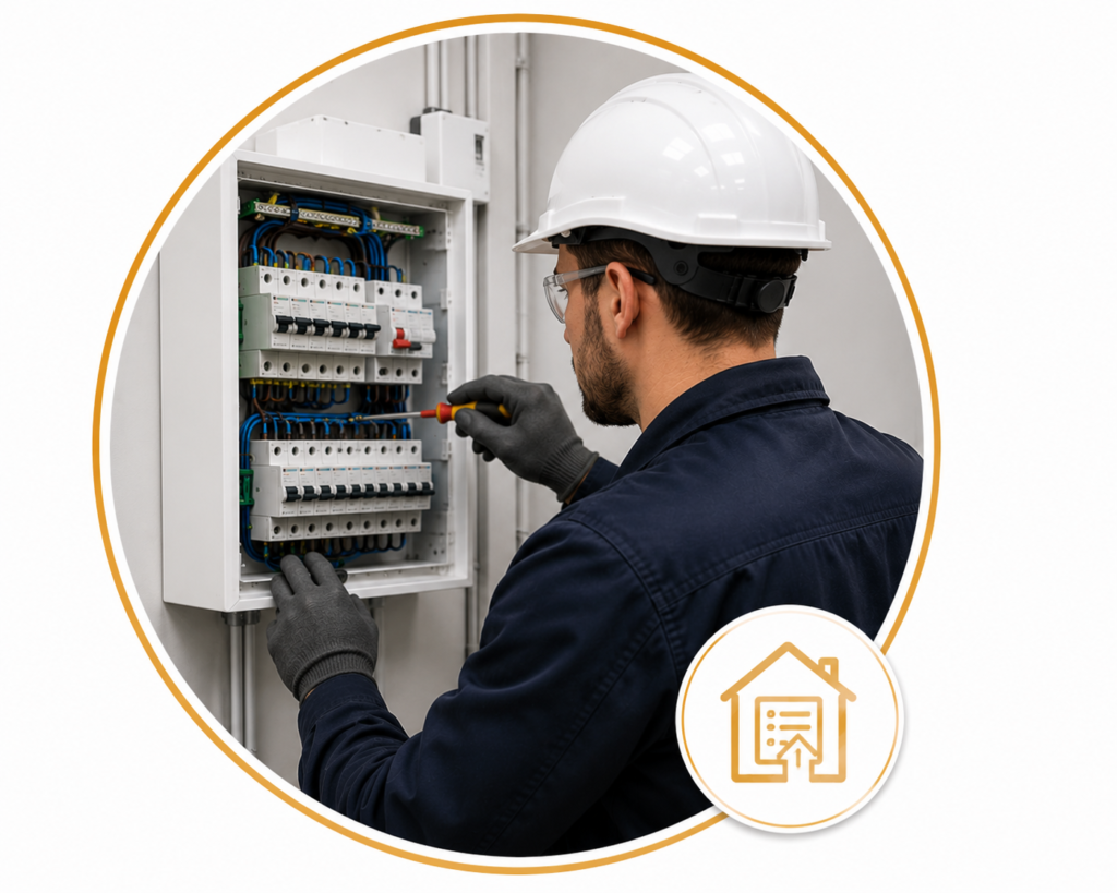 Professional electrician upgrading a consumer unit by installing modern circuit breakers and electrical protection devices, displayed in a circular gold-bordered design with a consumer unit upgrade icon and no text.