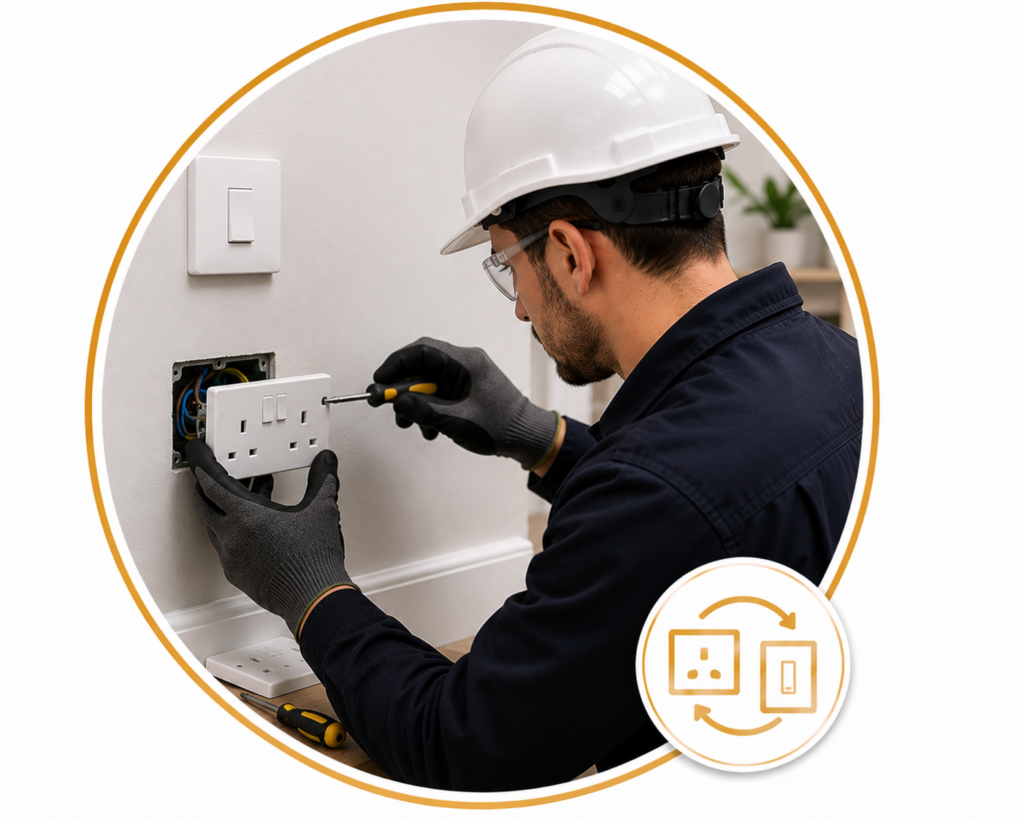 Professional electrician replacing a wall socket and light switch with modern electrical fittings, shown in a circular gold-bordered design with a socket and switch replacement icon and no text.