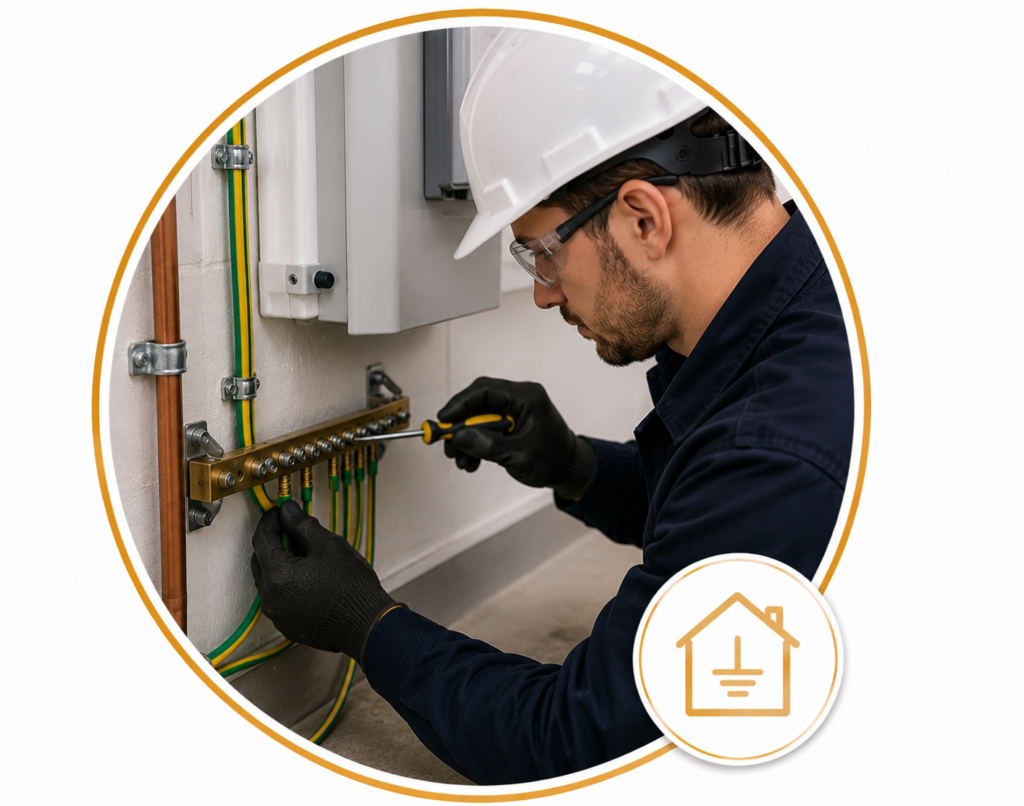 Professional electrician carrying out earthing and bonding upgrades by connecting grounding conductors to a main earth terminal, displayed in a circular gold-bordered design with a home grounding icon and no text.
