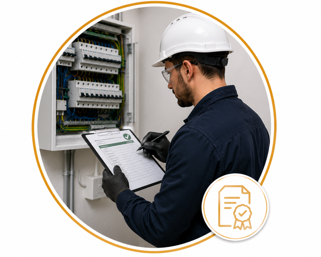 Qualified electrician completing an EICR report and electrical certification while inspecting a consumer unit, shown in a circular gold-bordered design with a certification document icon and no text.