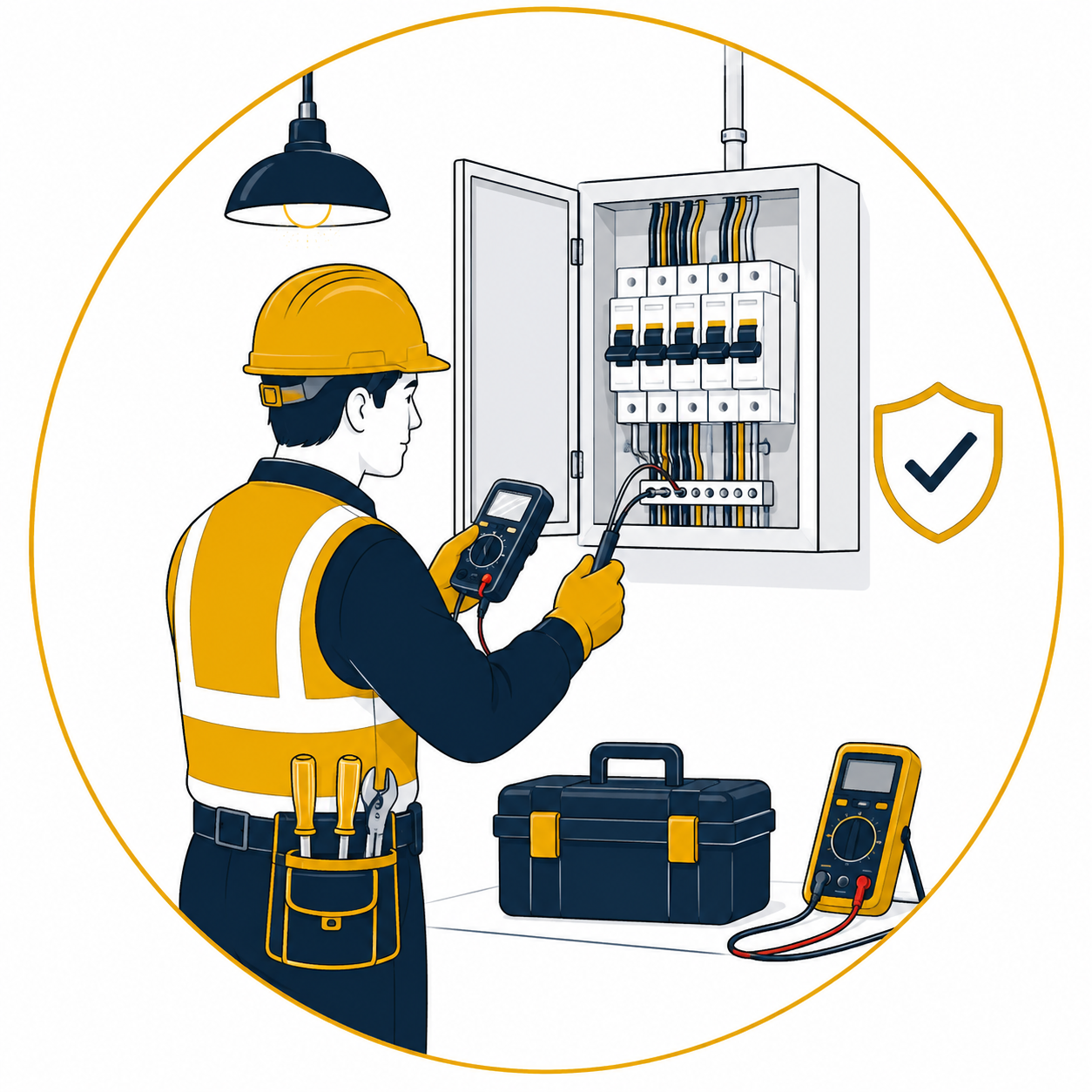 Minimalist flat vector illustration of a professional electrician carrying out fixed wire testing on an open consumer unit using a digital multifunction tester, with neatly organised electrical wiring, toolbox, safety approval shield, overhead lighting, and electrical conduit inside a thin gold circular outline on a clean white background, representing fixed wire testing services.