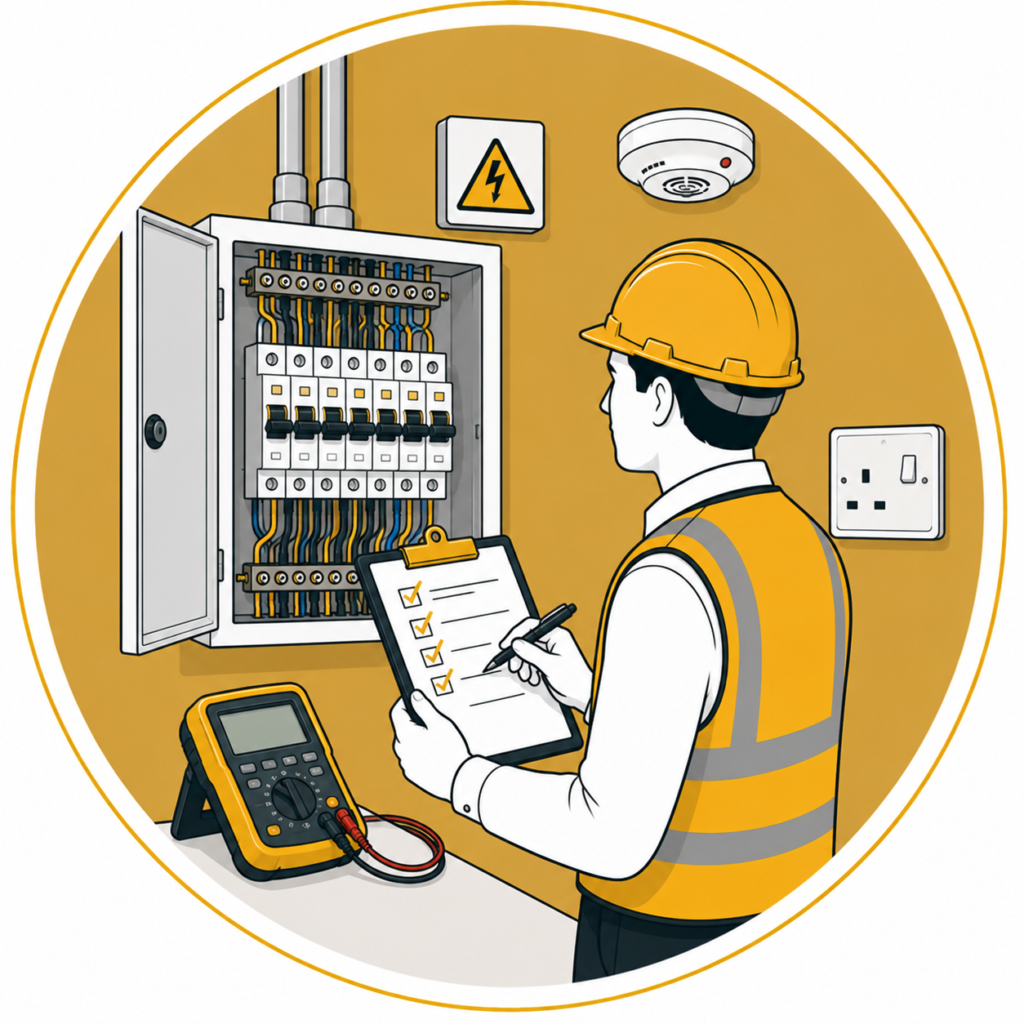 Minimalist flat vector illustration of a professional electrician carrying out a periodic electrical inspection on an open consumer unit using an inspection checklist and digital multifunction tester, with neatly organised wiring, electrical warning sign, smoke detector, electrical outlet, and testing equipment on a mustard-gold circular background, representing periodic electrical inspection services.