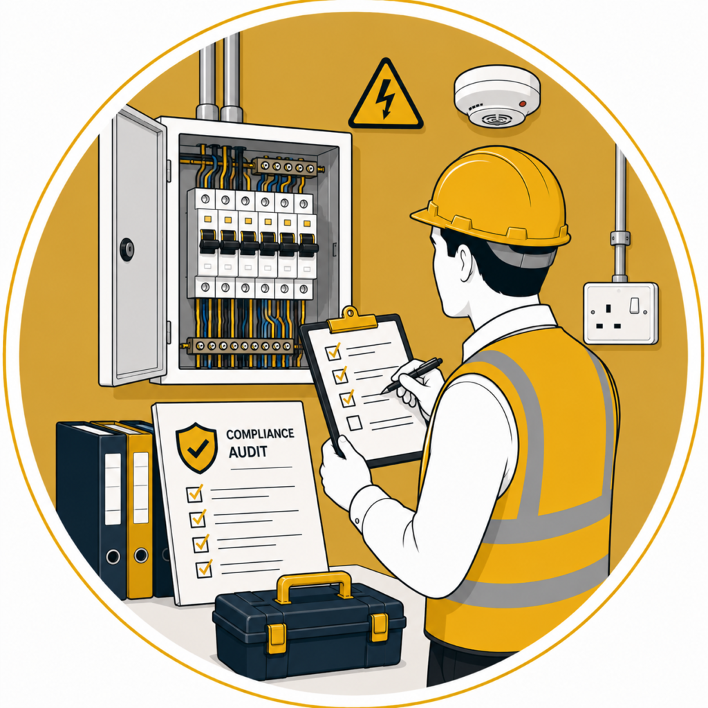 Minimalist flat vector illustration of a professional electrician carrying out an electrical compliance audit on an open consumer unit using a compliance checklist and inspection documents, with neatly organised wiring, electrical warning sign, toolbox, safety documentation, and testing equipment on a mustard-gold circular background, representing electrical compliance audit services.