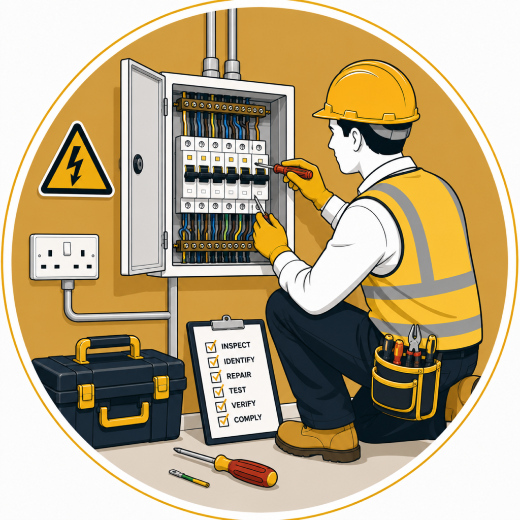 Minimalist flat vector illustration of a professional electrician carrying out remedial electrical work by repairing faults inside an open consumer unit, using hand tools with neatly organised wiring, an electrical warning sign, toolbox, inspection checklist, and electrical outlet on a mustard-gold circular background, representing remedial electrical work services.