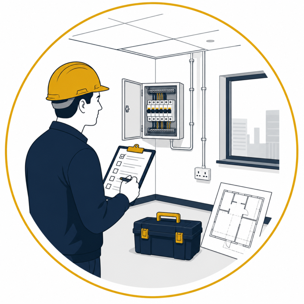 Minimalist flat vector illustration of a professional electrician carrying out a site assessment, inspecting an open consumer unit with a clipboard and site plans, alongside neatly organised electrical conduit, toolbox, electrical outlet, and commercial interior details inside a thin gold circular outline on a clean white background, representing professional electrical site assessment services.