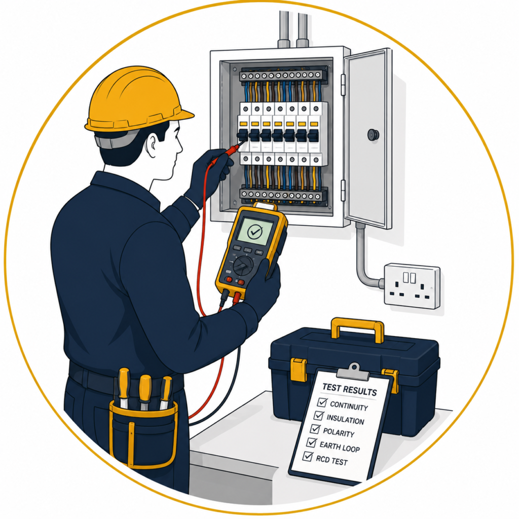 Minimalist flat vector illustration of a professional electrician carrying out fixed wire testing on an open consumer unit using a digital multifunction tester, with neatly organised electrical wiring, test results checklist, toolbox, electrical outlet, and safety equipment inside a thin gold circular outline on a clean white background, representing fixed wire testing services.