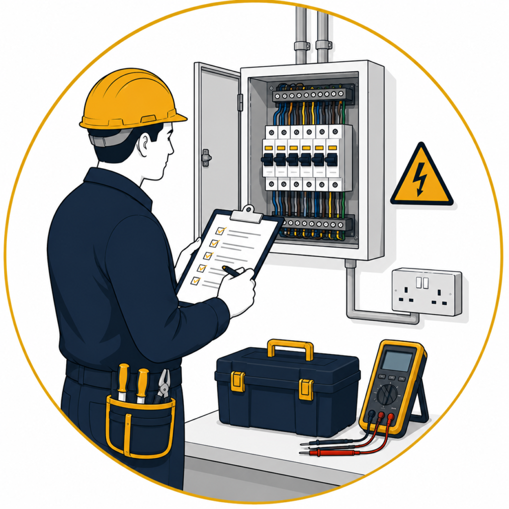 Minimalist flat vector illustration of a professional electrician carrying out an electrical inspection on an open consumer unit using an inspection checklist, with a digital multimeter, neatly organised electrical wiring, toolbox, electrical warning sign, and power outlet inside a thin gold circular outline on a clean white background, representing professional electrical inspection services.